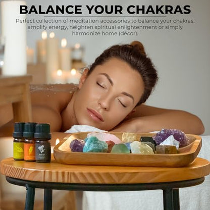 Crystals and Healing Stones Set 31Pcs - Healing Crystals & Stones - 14 Real Raw Chakra Rocks, 7 Gemstones Bottles, 3 Essential Oils,Pendant Necklace, Pendulum Board, Amethyst Cluster, Bracelet & Guide