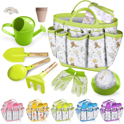 Kids Gardening Tool Set 18PCS Outdoor Toys Tote Bag Watering Can Green - color: Green
