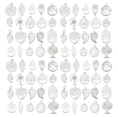 WOCRAFT 60pcs Bright Silver Tree Leaf Charms Bracelet Charms for Jewelry Making Sets DIY Necklace Bracelet Keychain Crafting Charms Kit Craft Supplies (SN891) - color: Bright Silver, size: Tree Leaf Charms