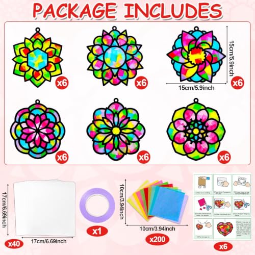 Qyeahkj 36 Set Mandala Suncatchers Crafts for Kids DIY Mandala Window Tissue Paper Craft Kit Art Flower Hanging Decor for Summer Home Activity Art Project Birthday Party Favor Gift - style: Mandala