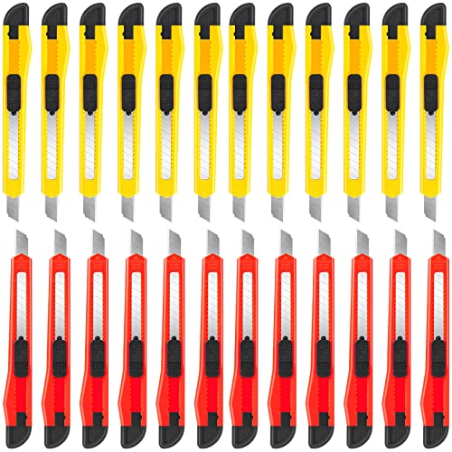 DIYSELF 24 Pack Box Cutters Bulk (9mm Wide Blade Cutter) Utility Knife Retractable, Razor Knife Exacto Knife, Compact, Extended Use for Heavy Duty Office, Home, Crafts, Hobby, Disposable Box Cutter - color: Red-yellow
