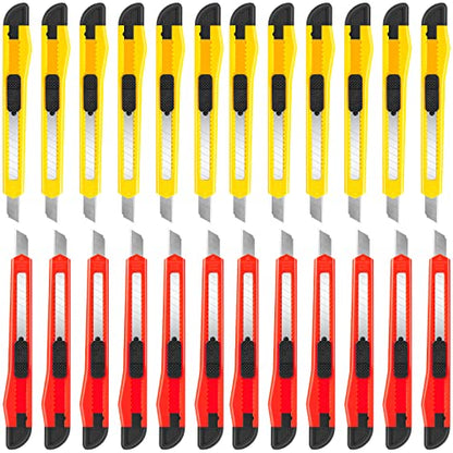 DIYSELF 24 Pack Box Cutters Bulk (9mm Wide Blade Cutter) Utility Knife Retractable, Razor Knife Exacto Knife, Compact, Extended Use for Heavy Duty Office, Home, Crafts, Hobby, Disposable Box Cutter - color: Red-yellow