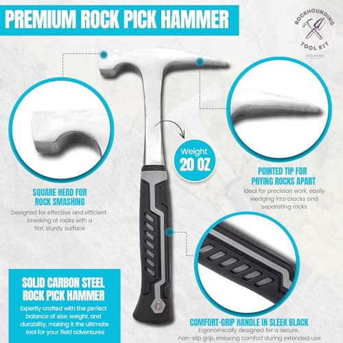 Rockhounding Tool Kit for Teens & Adults - Rock Collecting Equipment Essentials - Rock Pick Hammer & Chisel - 6 Piece Outdoor Geology Set - Mining Tools w/Small Rock Hounding Backpack, Gray