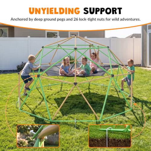 jumpfly 13FT Climbing Dome with Hammock and Swing, 6.9FT Extra Tall Jungle Gym for Backyard, Heavy Duty Dome Climber with Anti-Slip Textured Steel & 16 Grips, Outdoor Playset for Kids - color: Brown/Green