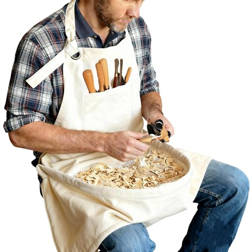 Woodcarving Apron-Work Apron with Brown Leather Chest Patches, Tool Pocket - color: White