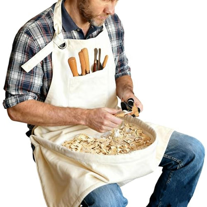 Woodcarving Apron-Work Apron with Brown Leather Chest Patches, Tool Pocket - color: White