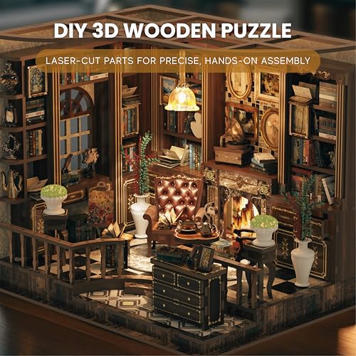 DIY Book Nook Kit LED 3D Wooden Puzzle — Aesthetic Miniature Bookshelf Insert Decor & Diorama Craft Building Kit for Adults, Teens & Home Library | Bookshelf Stand | (Left Bank Study)