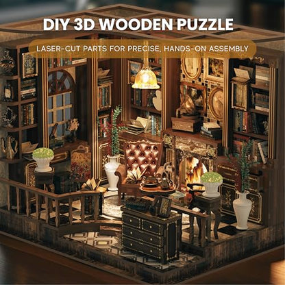 DIY Book Nook Kit LED 3D Wooden Puzzle — Aesthetic Miniature Bookshelf Insert Decor & Diorama Craft Building Kit for Adults, Teens & Home Library | Bookshelf Stand | (Left Bank Study)