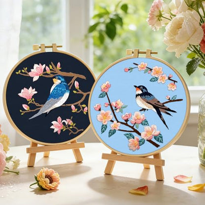 ERKOON Embroidery Kit for Beginners, 2 Set Floral Cross Stitch Set Include Embroidery Cloth Hoops Threads for Craft Lover Hand Stitch with Embroidery Skill Techniques (Bird) - color: Bird
