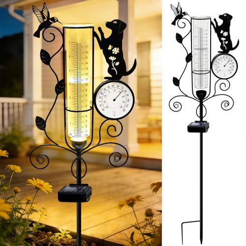 YJFWAL Metal Dog Solar Rain Gauge Outdoor with LED Light and Thermometer - color: Dog