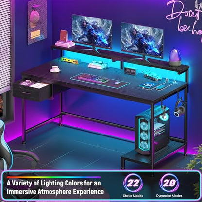 DurayLoly 39.3" Gaming Desk with Power Outlet and LED Lights,Bedroom,Black - color: Black, size: 39.3 IN