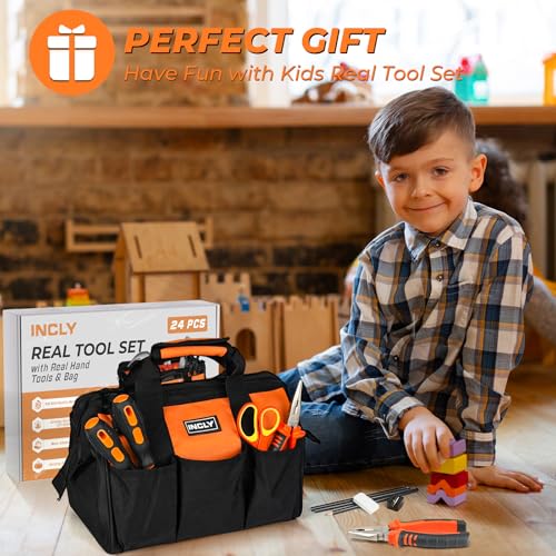 INCLY 24 PCS Kids Real Tool Set with Tool Bag, Small Real Hand Tools Kit - color: Orange