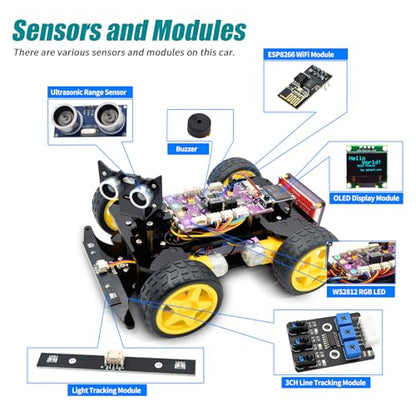 Adeept 4WD Smart Car Kit(Compatible with Arduino IDE), Line Tracking, Light Tracing, Obstacle Avoidance, Servo Motor, OLED Display, Buzzer, LED Dot Matrix Display - style: Ordinary Wheels