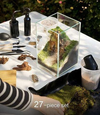27 PCS Glass Plant Terrarium Kit with LED Grow Light– DIY Moss Terrarium Kit for Adults, Mini Garden Set for Succulent, Real Live Moss, and Air Plants – Home Office Decoration & Unique Gift fo Friend - size: Tall Cube Set