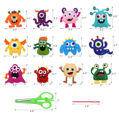 CiyvoLyeen Kids Sewing Kit Crafts– Little Monsters Felt Plush DIY Craft Adopt A Monster Educational Sewing Set for Kids Beginner Craft Kit Set of 12 - color: Monster-12 Pcs