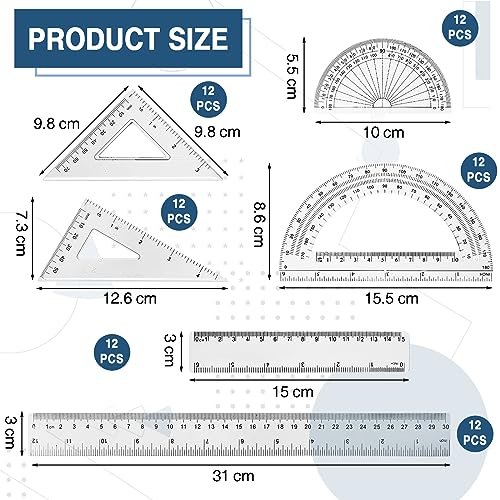 Tenare 72 Pcs Plastic Clear Math Set Includes Protractor Triangle Rulers 12 Inch 6 Inch Straight Geometry Math Transparent Ruler Measuring Tool for Office Home Supplies