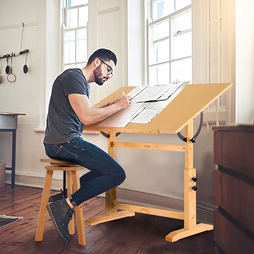 VISWIN Wood Drafting Table for Adults, 30" X 42" Extra-Large Drawing Table with Adjustable Height & Angle for Art Studio, Solid Pine Wood Artist Desk for Drawing, Drafting, Writing, Reading - color: Natural