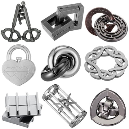 Wettarn 9 Pcs Metal Brain Teasers 3D Steel Puzzle Set, Engaging Style - style: Engaging Style