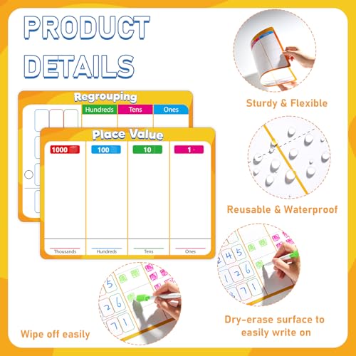 24Pcs Place Value Chart Dry Erase Flash Cards Double Sided Addition Subtraction Cardboard Math Whiteboard Math Manipulatives Teacher Portable Tool 12" x 9" - style: Place Value Chart
