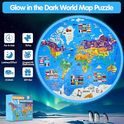 DIGOBAY 70 Pieces Glow in The Dark World Map Floor Puzzles for Kids 4-6 - style: glow-in-the-dark world map