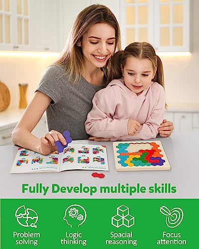 Coogam Wooden Tangram Puzzle, Color Shape Pattern Jigsaw Brain Teasers 3D Logic IQ Game Geometric Blocks Montessori STEM Educational Toys Gift for All Age