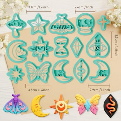 ORIGACH 15 Pcs Mystic Divination Theme Polymer Clay Cutters Set Sun Moon Star Butterfly Shape Earring Clay Cutter DIY Craft Supplies for Earring and Jewelry Making - style: Mystic Divination