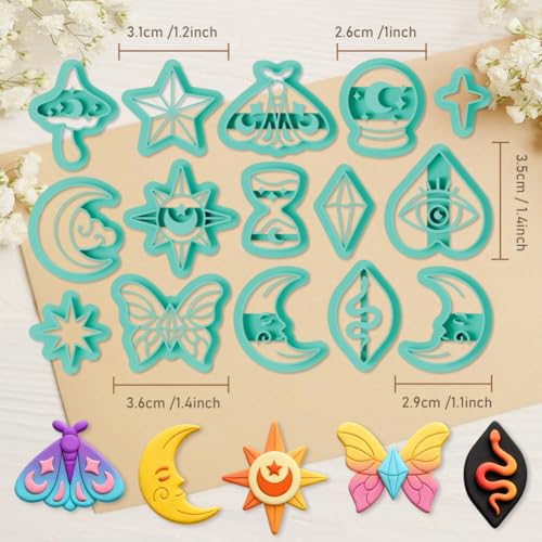 ORIGACH 15 Pcs Mystic Divination Theme Polymer Clay Cutters Set Sun Moon Star Butterfly Shape Earring Clay Cutter DIY Craft Supplies for Earring and Jewelry Making - style: Mystic Divination