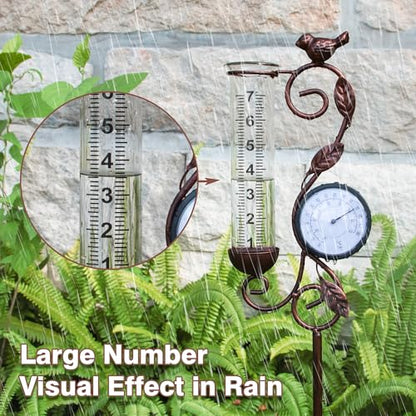36in Bird Rain Gauge Thermometer Bronze Metal Garden Stake Decor - color: Bronze Bird