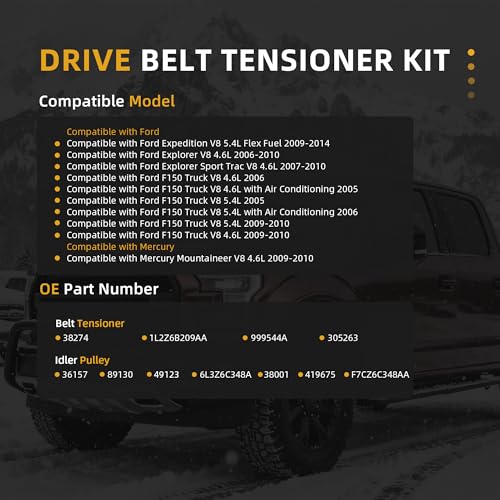 Belt Tensioner Serpentine Belt Idler Pulley Kit for Ford F150 2005-2010 - size: for F-150/Expedition/Explorer 2005-2014