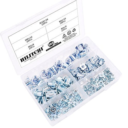 Hilitchi 105-Pcs M4 5 6 8 10 Zinc Plated Steel T Nuts Four Claw Nuts Assortment Kit for Wood Rock Climbing Holds Cabinetry Furniture