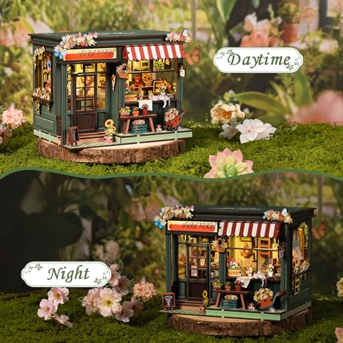 DIY Book Nook Kit with LED Light, Miniature Dollhouse, 3D Wooden Puzzle, Bookshelf Insert Decor Craft Gift (Flower House) - style: Flower House