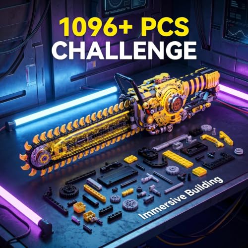 Mechanical Chainsaw Building Kit, 1096 Pcs Motorized Rotating Chain Model with 2-in-1 Manual & Electric Gear Drive, LED Lights, STEM Engineering Toy Gift for Adults Teens & Kids 8+