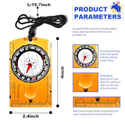 Outdoor Compass with Adjustable Declination, Magnifier, Ruler, Scale, Multifunctional Kids Waterproof Compass for Map Reading, Hiking, Camping, Navigation and Survival. - color: 4 PACK Transparent+Blue+Green+Orange