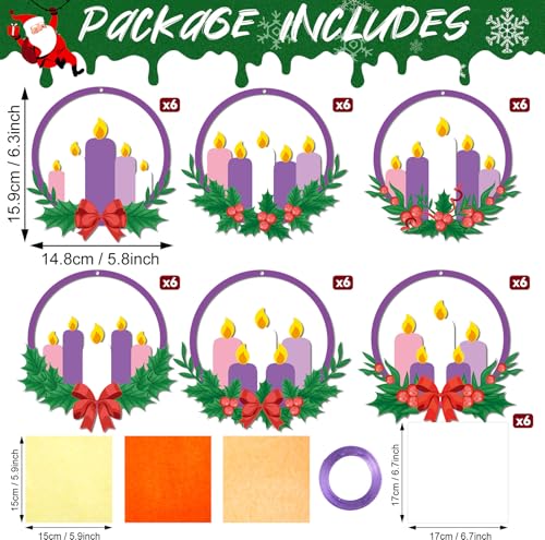 Qyeahkj 36 Set Christmas Advent Wreath Suncatchers Crafts for DIY Advent Candle Tissue Paper Craft Kit Hanging Decor for Xmas Holiday Home Activity Art Project Birthday Party Favor Gift - style: Christmas Advent Wreath
