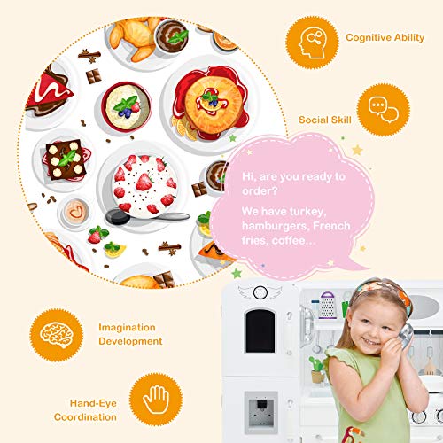 Costzon Kids Kitchen Playset, Wooden Toddlers Toy Kitchen with Light & Sound, Microwave, Ice Maker, Oven, Sink & Faucet, Cooking Accessories, Pretend Play Kitchen, Gift for Boys Girls Age 3+ - color: White