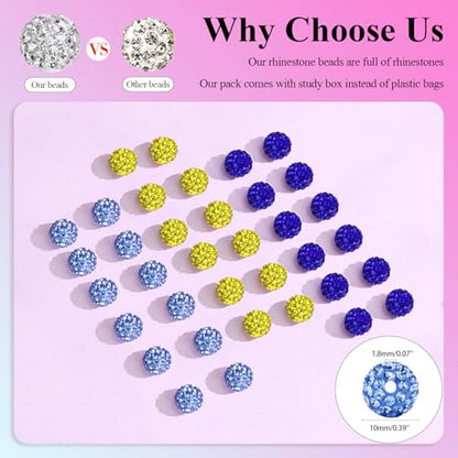 Dowarm 255PCS 10mm Rhinestone Beads for Baseball Rhinestone Necklace Bracelet Jewelry Making, Round Polymer Clay Beads for Crafts Beaded Pen, DIY Shamballa Pave Disco Bead, Ice Blue|Blue|Yellow - color: 06-Ice Blue | Blue | Yellow