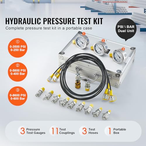 Hydraulic Pressure Test Kit, 250/400/600bar, 3 Gauges 11 Test Couplings 3 Test Hoses, Excavator Hydraulic Test Gauge Set with Portable Carrying Case for Excavator Tractors Construction Machinery - style: 3 Gauges 11 Test Couplings