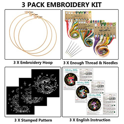 Nuberlic 3 Pack Embroidery Kit for Beginners, Mushroom Cross Stitch Kit - color: Kit 1
