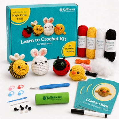 KelliDream Magic Circle Tool Inclusive Learn to Crochet Kit for Beginners; Step-by-Step Video Tutorials; All Supplies to Make Cute Amigurumi (Sunny Creatures) - color: Sunny Creatures
