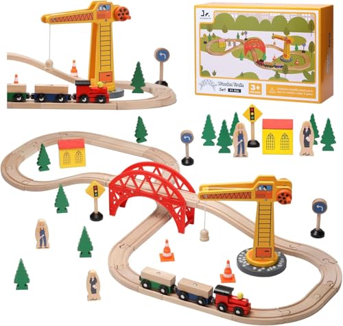 SainSmart Jr. Wooden Train Set for Toddler, 41pcs Wood Train Track w/Crane Fits Brio, Thomas, Melissa and Doug, Kids Wood Toy Train for Kids Ages 3+ - style: Crane