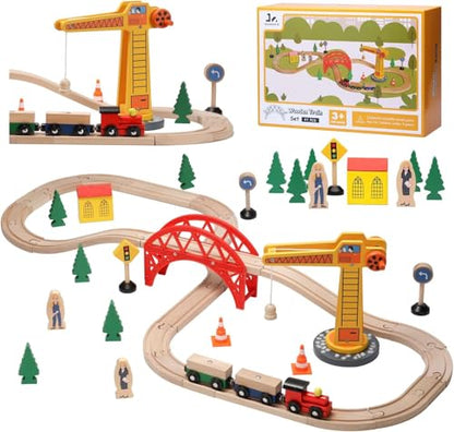 SainSmart Jr. Wooden Train Set for Toddler, 41pcs Wood Train Track w/Crane Fits Brio, Thomas, Melissa and Doug, Kids Wood Toy Train for Kids Ages 3+ - style: Crane