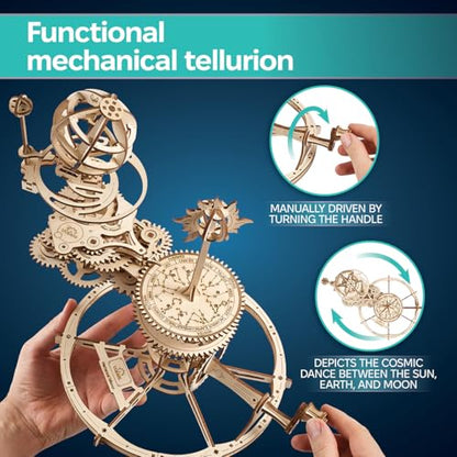 UGEARS Mechanical Tellurion 3D Puzzle - 3D Wooden Puzzled for Adults, Solar System Model Kit, Wooden Model Kits for Adults to Build, Mechanical Models Brain Teaser Puzzle