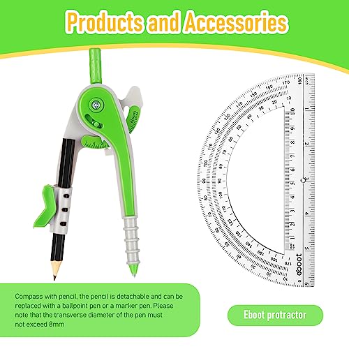 Eboot Student Geometry Math Set, Drawing Compass and 6 in, Green - color: Green