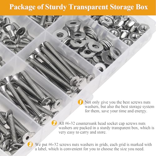 254 Pieces #6-32 x 1/4", 5/16", 3/8", 1/2", 5/8", 3/4", 1", 1-1/4", Countersunk Head Socket Cap Screws Nuts Washers Assortment Kit - size: #6-32, style: Countersunk Head Socket Cap
