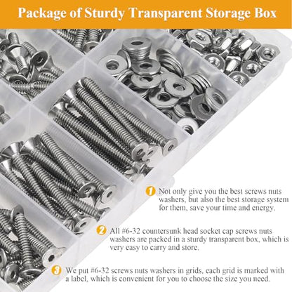 254 Pieces #6-32 x 1/4", 5/16", 3/8", 1/2", 5/8", 3/4", 1", 1-1/4", Countersunk Head Socket Cap Screws Nuts Washers Assortment Kit - size: #6-32, style: Countersunk Head Socket Cap