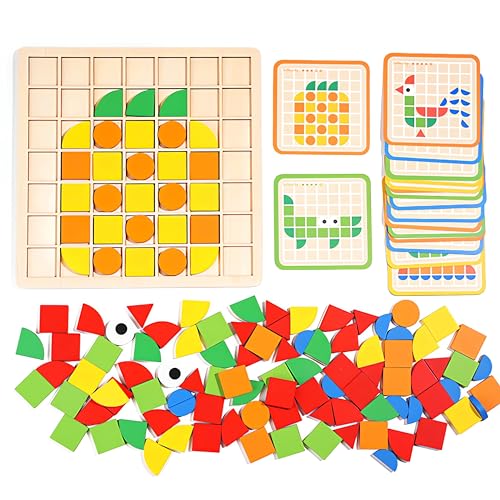 Pattern Blocks and Boards with 120 Pieces Colored Wooden Shape Blocks, with 20 Pieces Design Cards, Kindergarten Classic Geometric Puzzles Toys for Girls and Boys