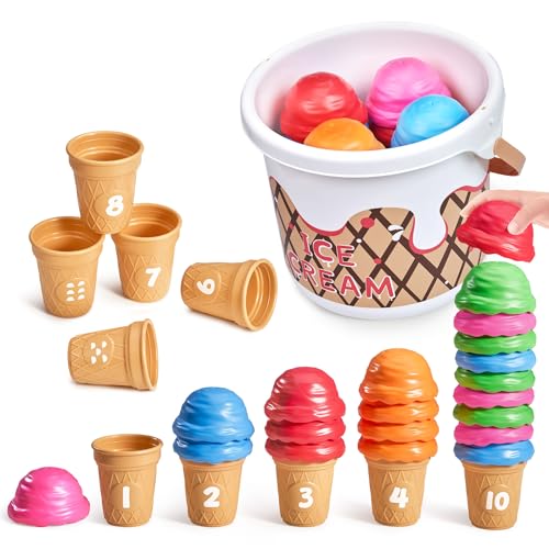 JoyCat Ice Cream Preschool Learning Activities Counting and Color Sorting Set Stacking Toys for Kids 1-5, Educational Fine Motor Skills Toys, 30PCS Math Manipulatives - style: Red Learning Bucket Set(20 ice cream scoops&10 ice cream cones )