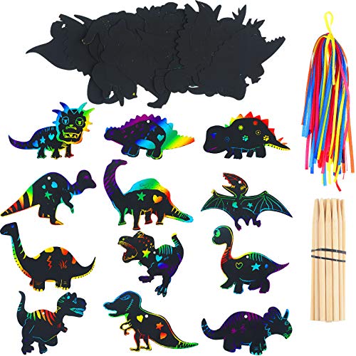 Outus 120pcs Scratch Dinosaur Craft Art Kits for Kids with 48 Scratch Dinosaur Paper24 Wooden Styluses and 48 Ribbons for Theme Birthday Party Game Supplies - size: Medium