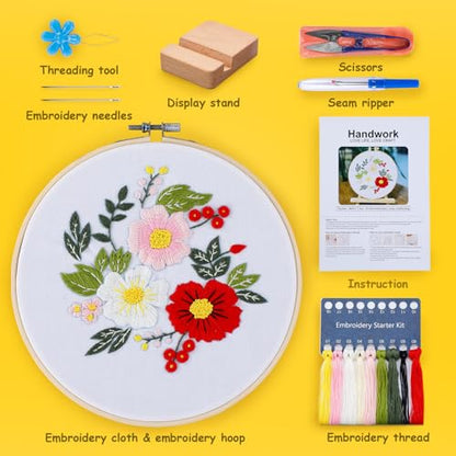BERYA Embroidery Kit for Beginners, Flowers and Leaves Embroidery Practice Kit, Hand Floral Embroidery Starter Kit for Adults with Video Step by Step Instructions, Hoops, Threads and Needles (BEF011) - color: flower white