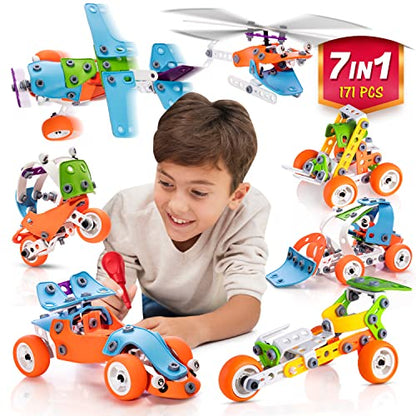 STEM Building Toy for 7-12 Year Old Boys - 7-in-1 Models Kids Love to Build and Play - 171Pcs Construction Set with Engineering Activity Kit - Best Birthday Gift Toy